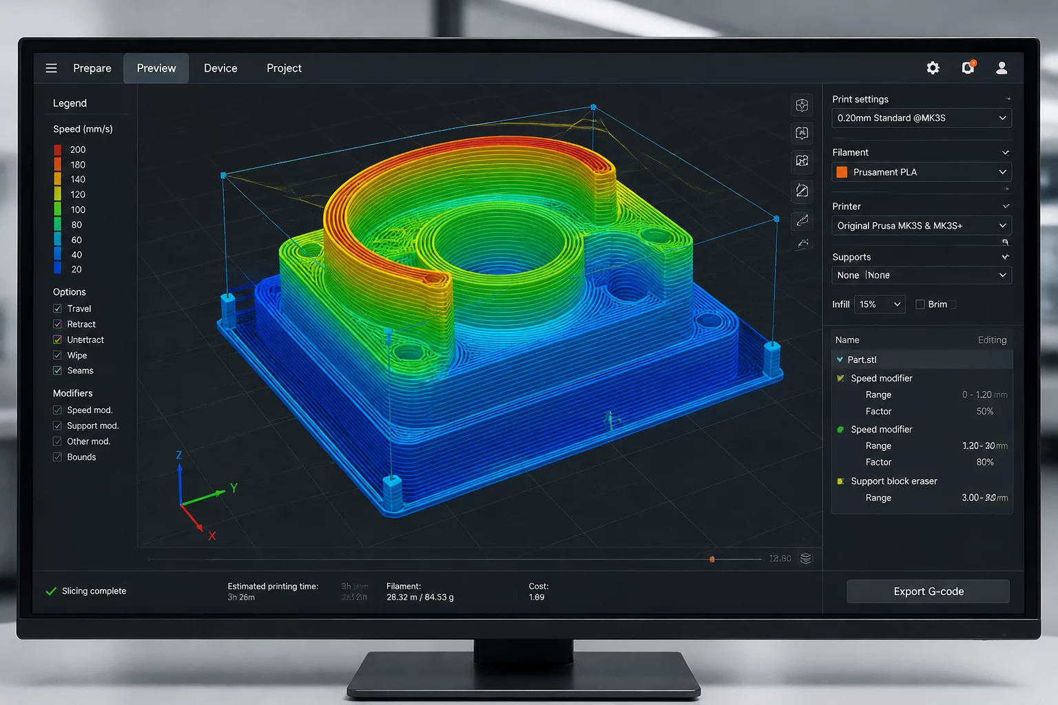 Cross-section view of volumetric toolpath sliced with object-level modifiers